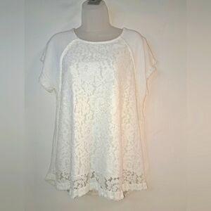 Umgee Women’s Ivory Lace Front Top Size Small Boho Short Sleeve Blouse